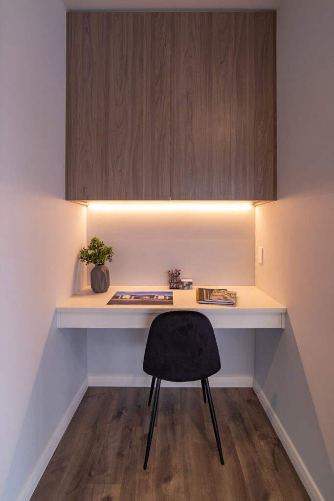 Home office, study nook, overhead lighting, wooden floor, refreshing colour